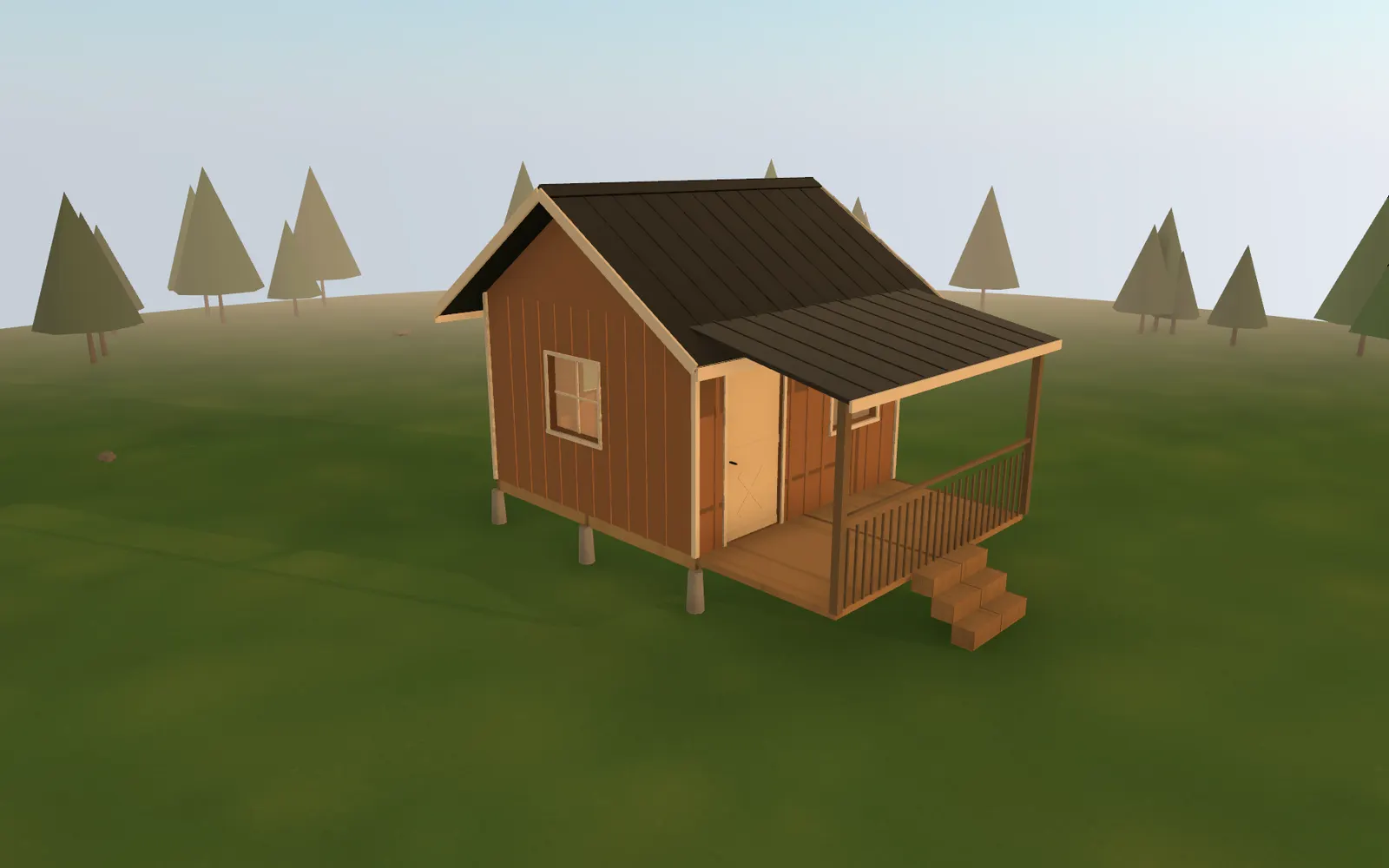3D render of the 12×12 Tiny Cabin at golden hour, seen from the front corner