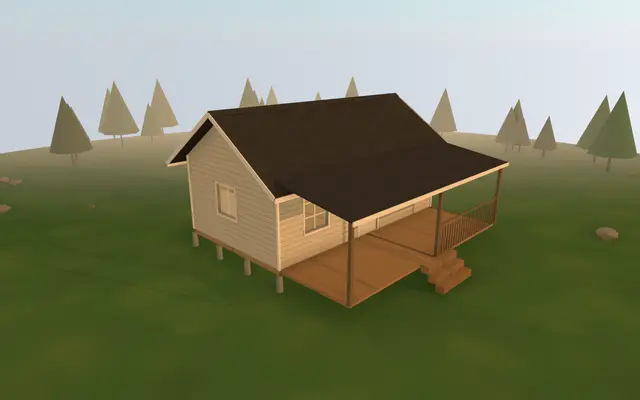 3D render of the 14×24 Cabin with Porch from the cabin builder