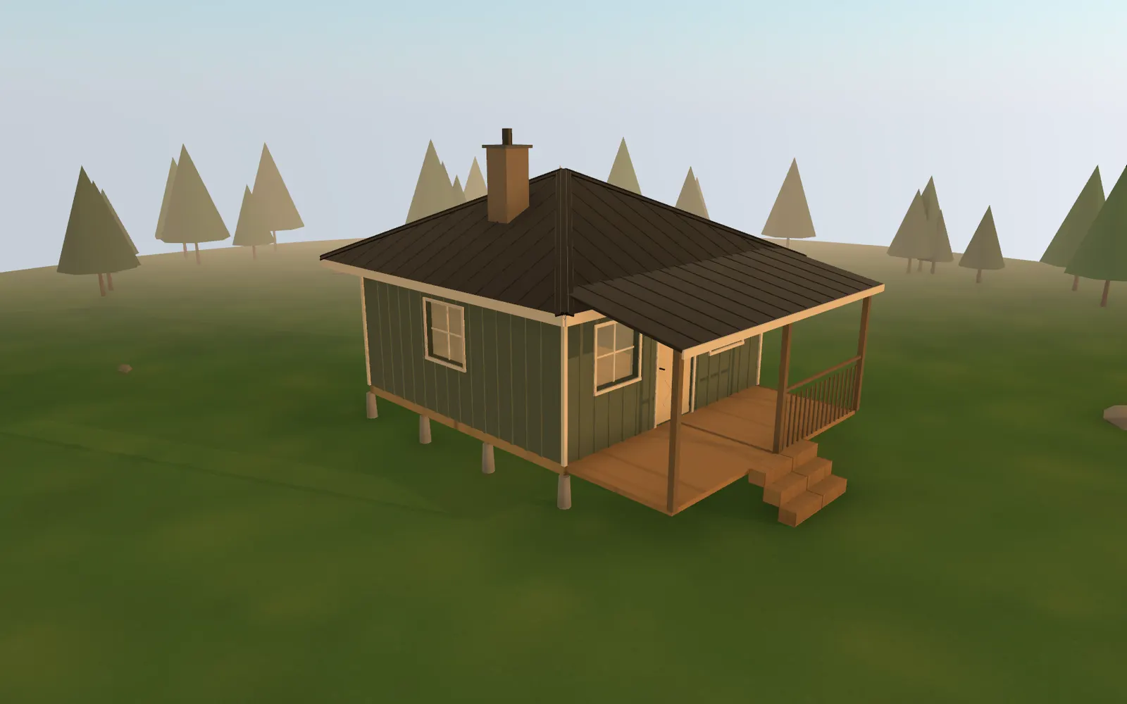3D render of the 16×16 Hip Roof Cabin at golden hour, seen from the front corner