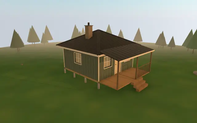 3D render of the 16×16 Hip Roof Cabin from the cabin builder