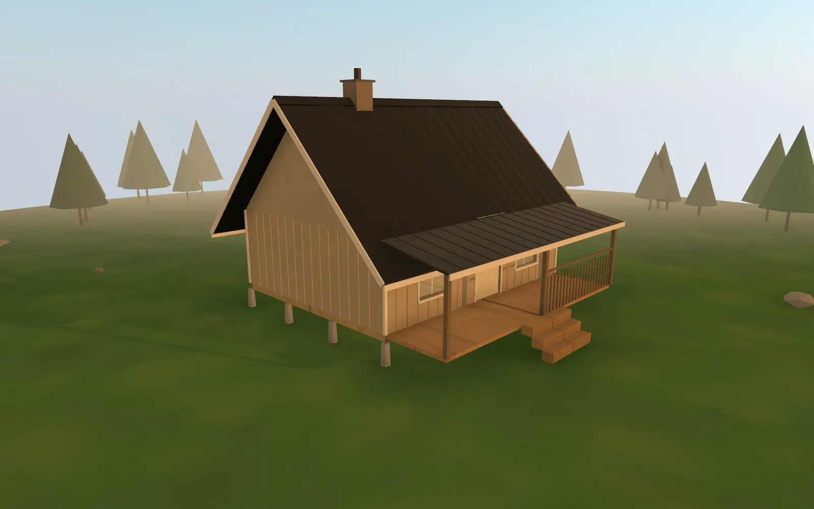 3D render of the 16×20 A-Frame Style Cabin at golden hour, seen from the front corner