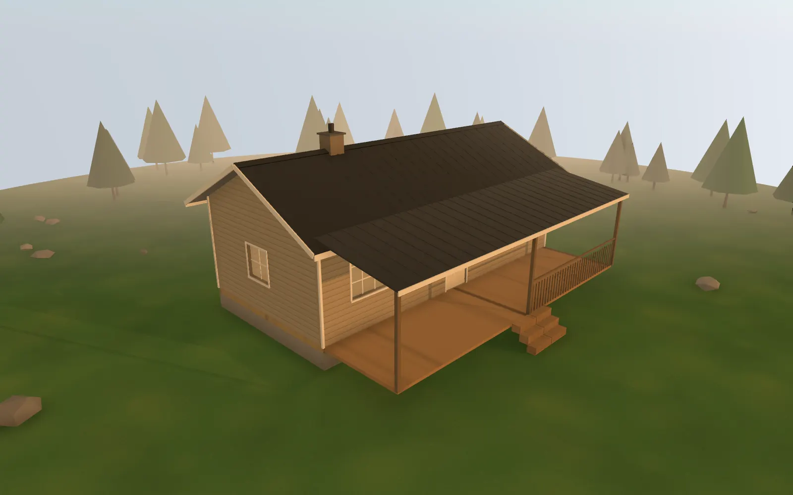 3D render of the 16×32 Cabin at golden hour, seen from the front corner