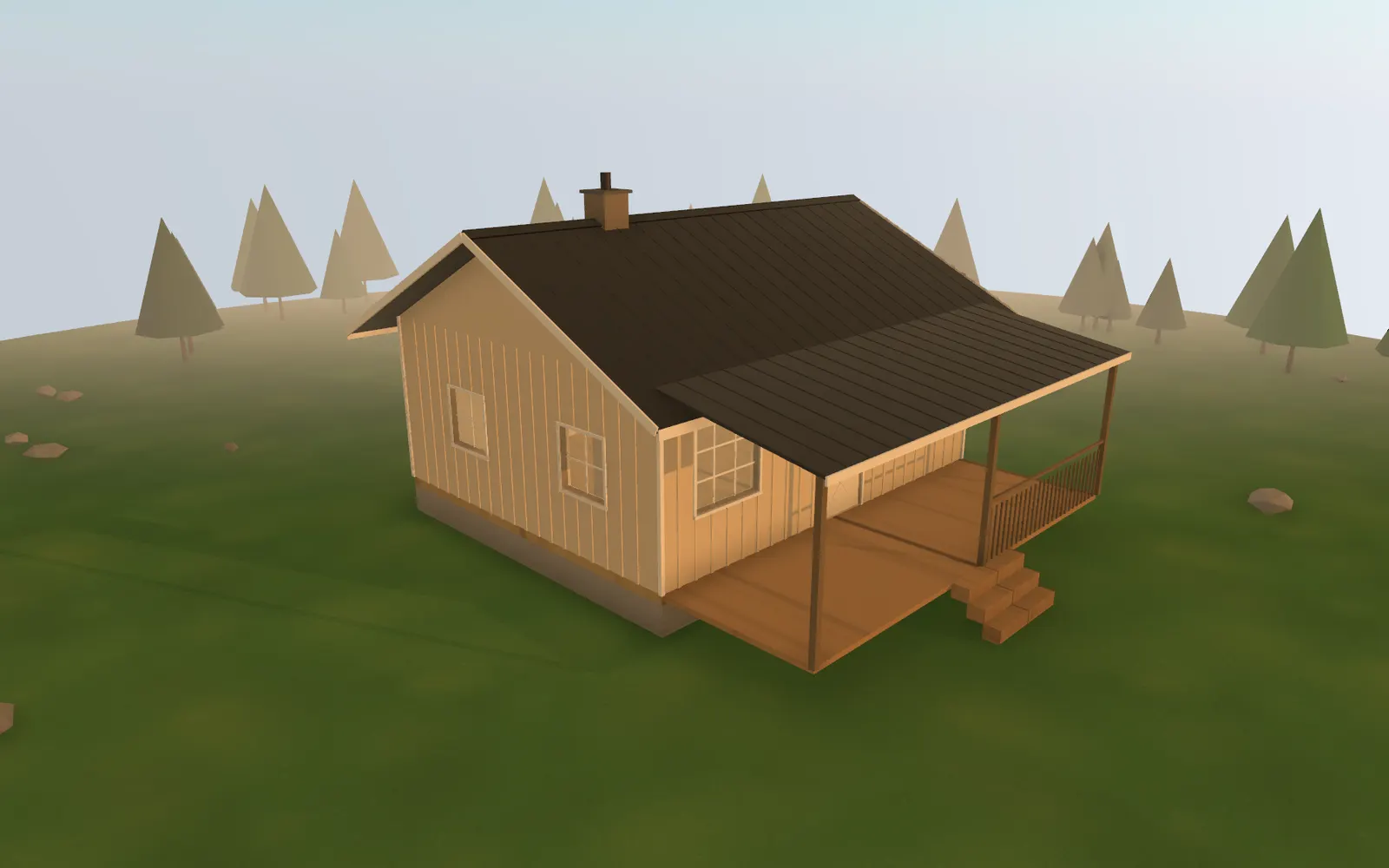 3D render of the 20×24 Off-Grid Cabin at golden hour, seen from the front corner