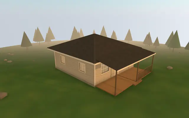 3D render of the 24×24 Hip Roof Cabin from the cabin builder