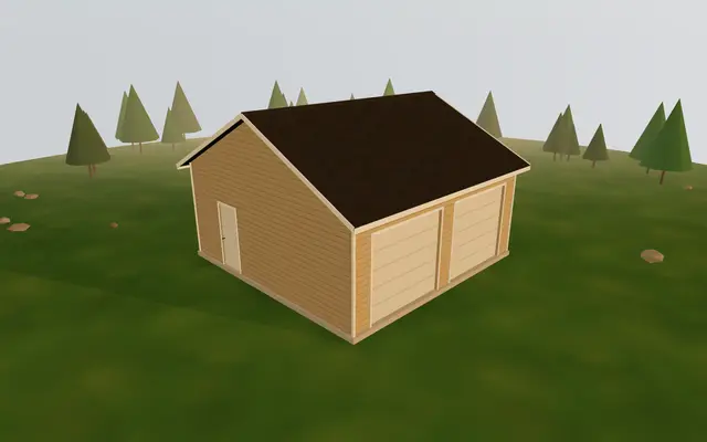3D render of the 24×24 Two-Car Garage from the cabin builder
