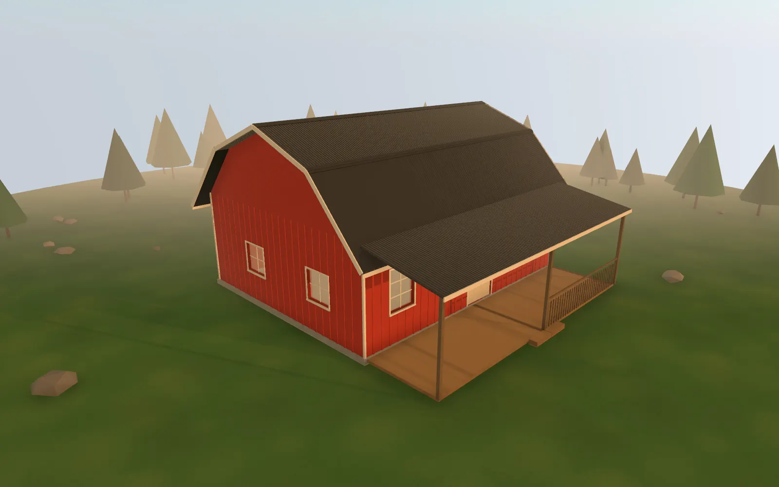 3D render of the 24×30 Gambrel Barndominium at golden hour, seen from the front corner