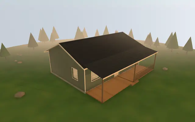 3D render of the 24×36 Small Barndominium from the cabin builder