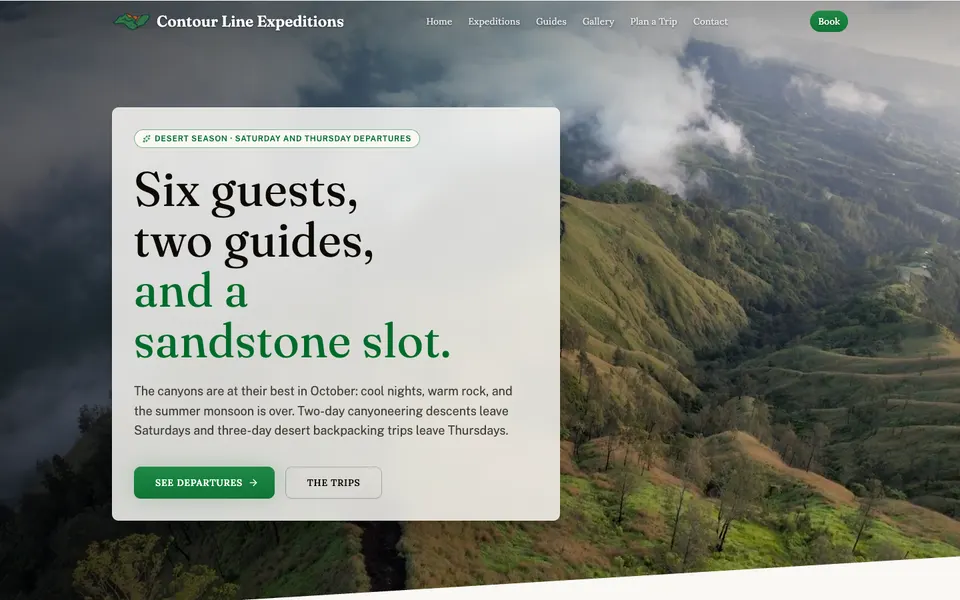 Home page of Contour Line Expeditions, a demo adventures website