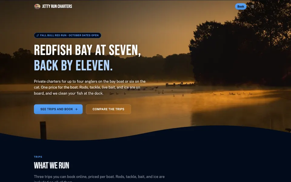 Home page of Jetty Run Charters, a demo angling website
