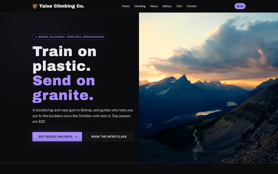 Home page of Talus Climbing Co., a demo climbing website