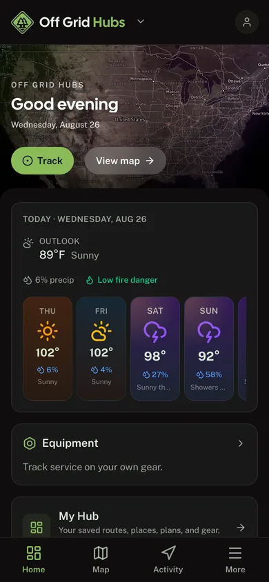 The Off Grid Hubs app dashboard