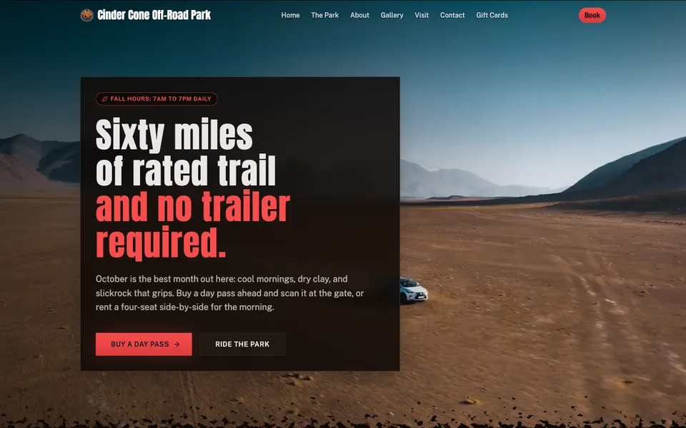 Home page of Cinder Cone Off-Road Park, a demo off road website