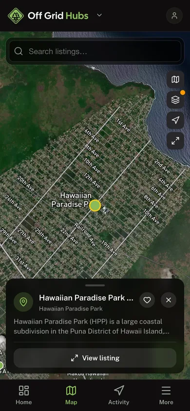 Nearby places mapped in the Off Grid Hubs app