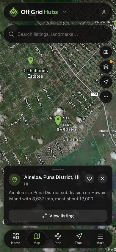 Nearby places mapped in the Off Grid Hubs app