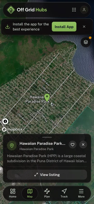 Nearby places mapped in the Off Grid Hubs app