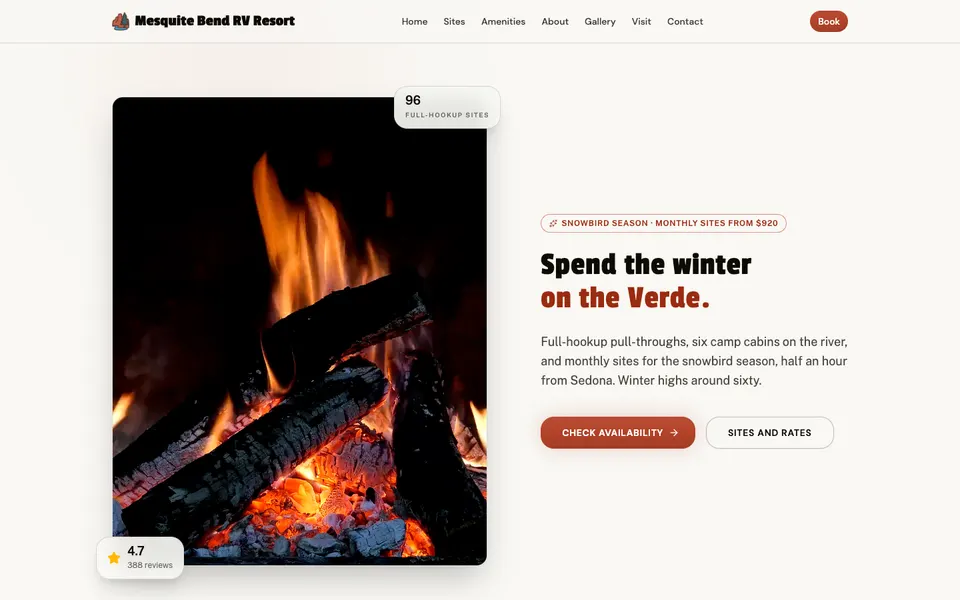 Home page of Mesquite Bend RV Resort, a demo rv parks website