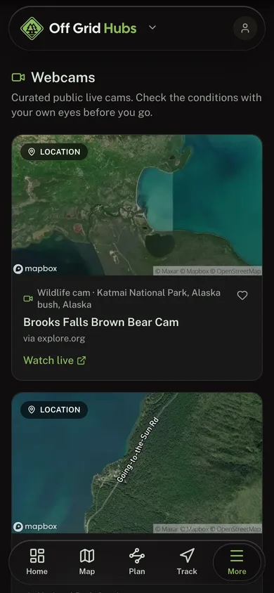 Live public webcams grouped by state in the Off Grid Hubs app