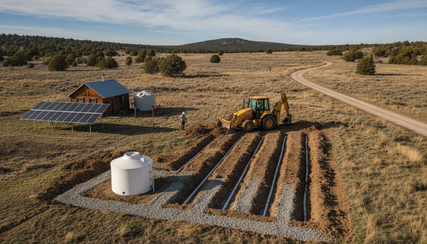 A newly installed septic tank and excavated drainfield trenches on a rural off-grid property, a backhoe alongside, clear day