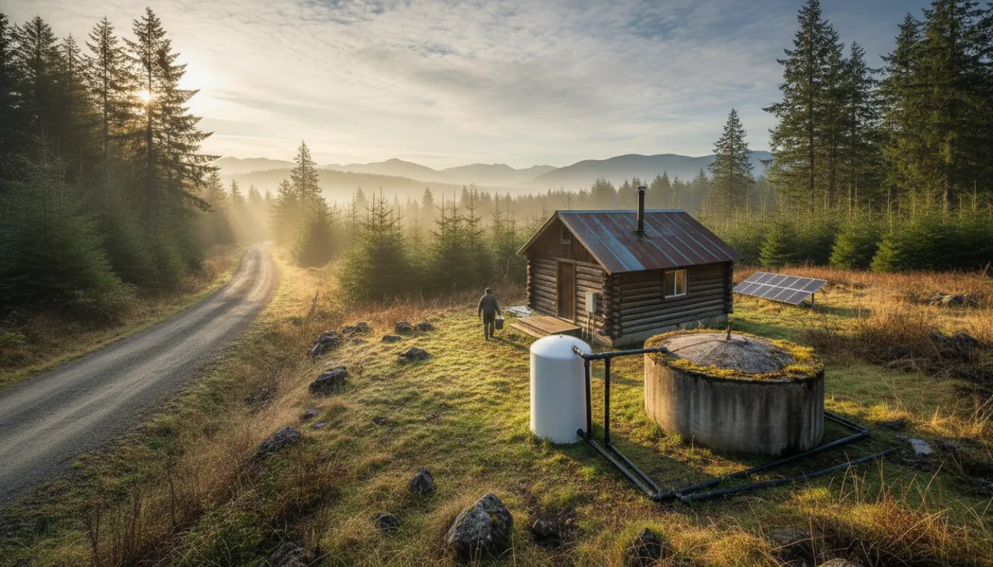A drilled-well pressure tank and a large water-storage cistern beside an off-grid cabin, rural forested property, clear morning light