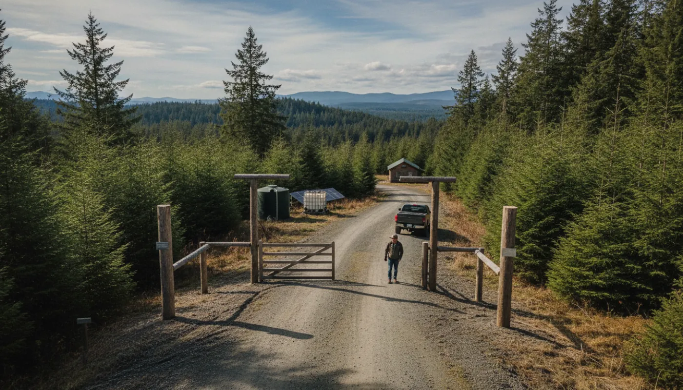 A gravel access road crossing rural forested land toward a gated off-grid parcel, wooden property-line markers, clear day