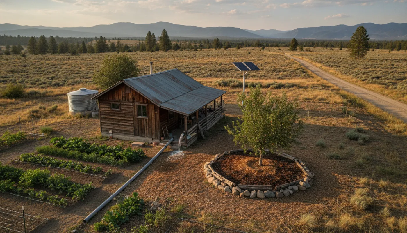 A mulch-basin greywater setup beside an off-grid cabin, a pipe discharging into wood chips around a young fruit tree, green garden, warm daylight
