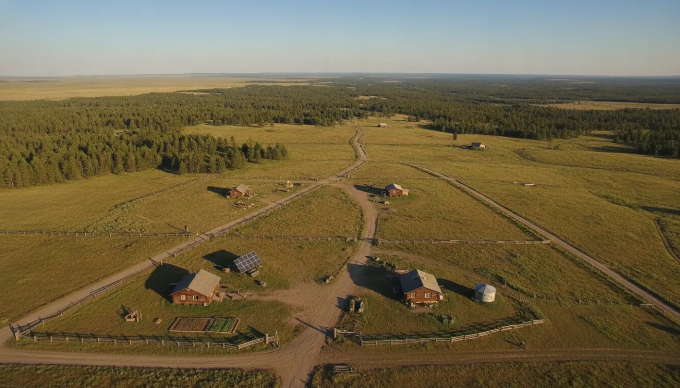 An aerial view of rural off-grid parcels divided by dirt roads and fence lines across forested land, a few scattered cabins, clear day