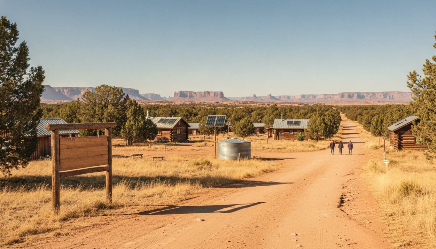 The entrance and common area of a rural off-grid community with a wooden signboard, scattered cabins on wooded lots and a shared dirt road, clear day