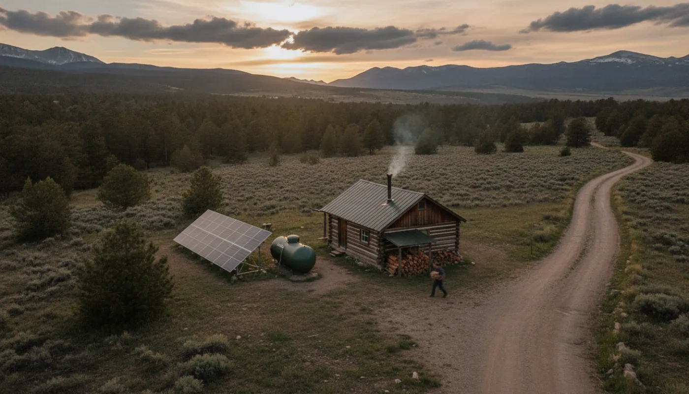 A wood stove burning in a cozy off-grid cabin with a black stovepipe rising to the ceiling and split firewood stacked nearby, warm evening light