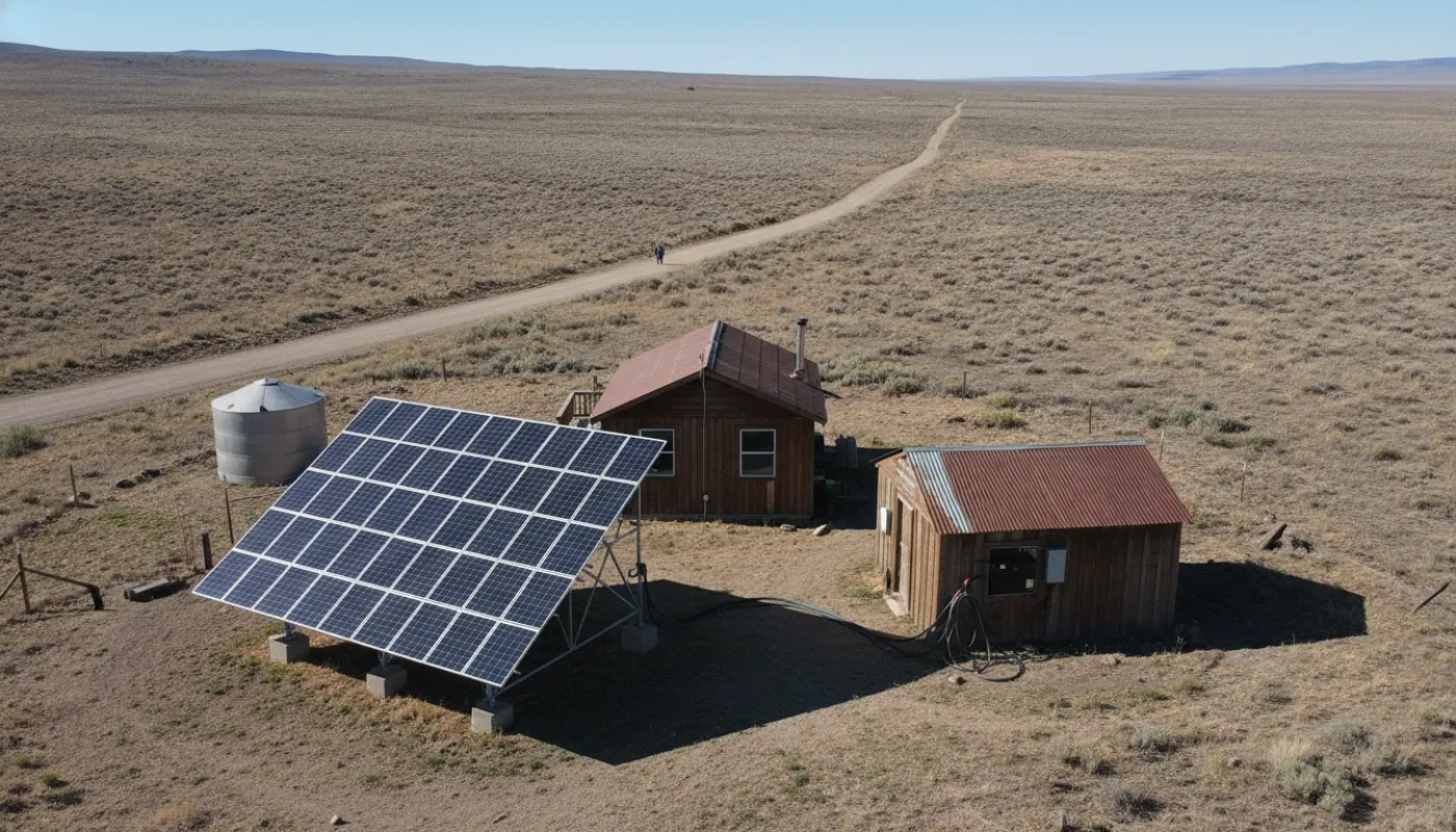 A ground-mounted solar array beside an off-grid cabin with a power shed housing batteries and an inverter, clear sky, bright day