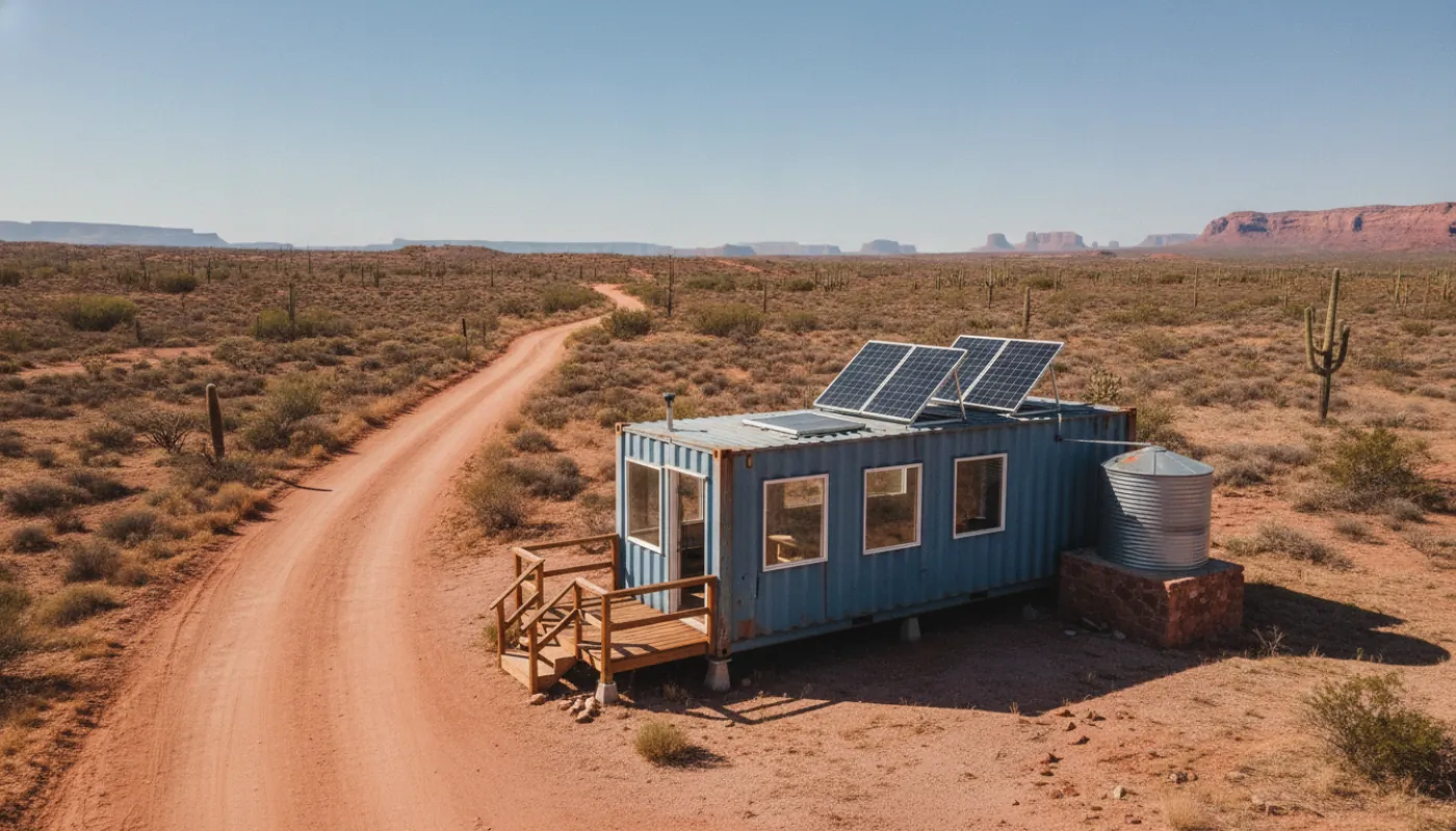 A single-container off-grid cabin on a rural lot with cut window and door openings, a small deck and roof solar panels, clear day