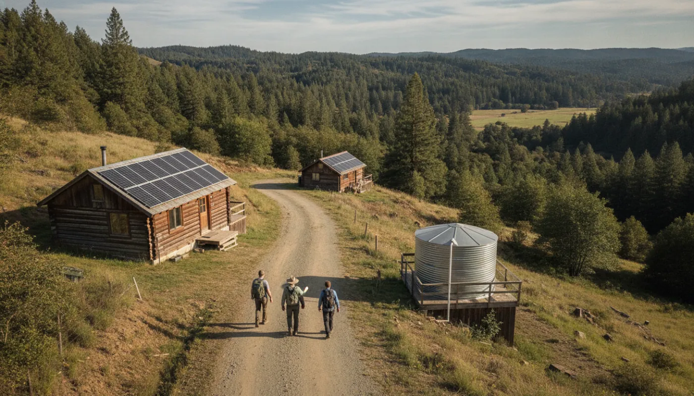 Prospective buyers walking a rural off-grid community with a guide, looking at cabins and a shared water tank on wooded lots, clear day