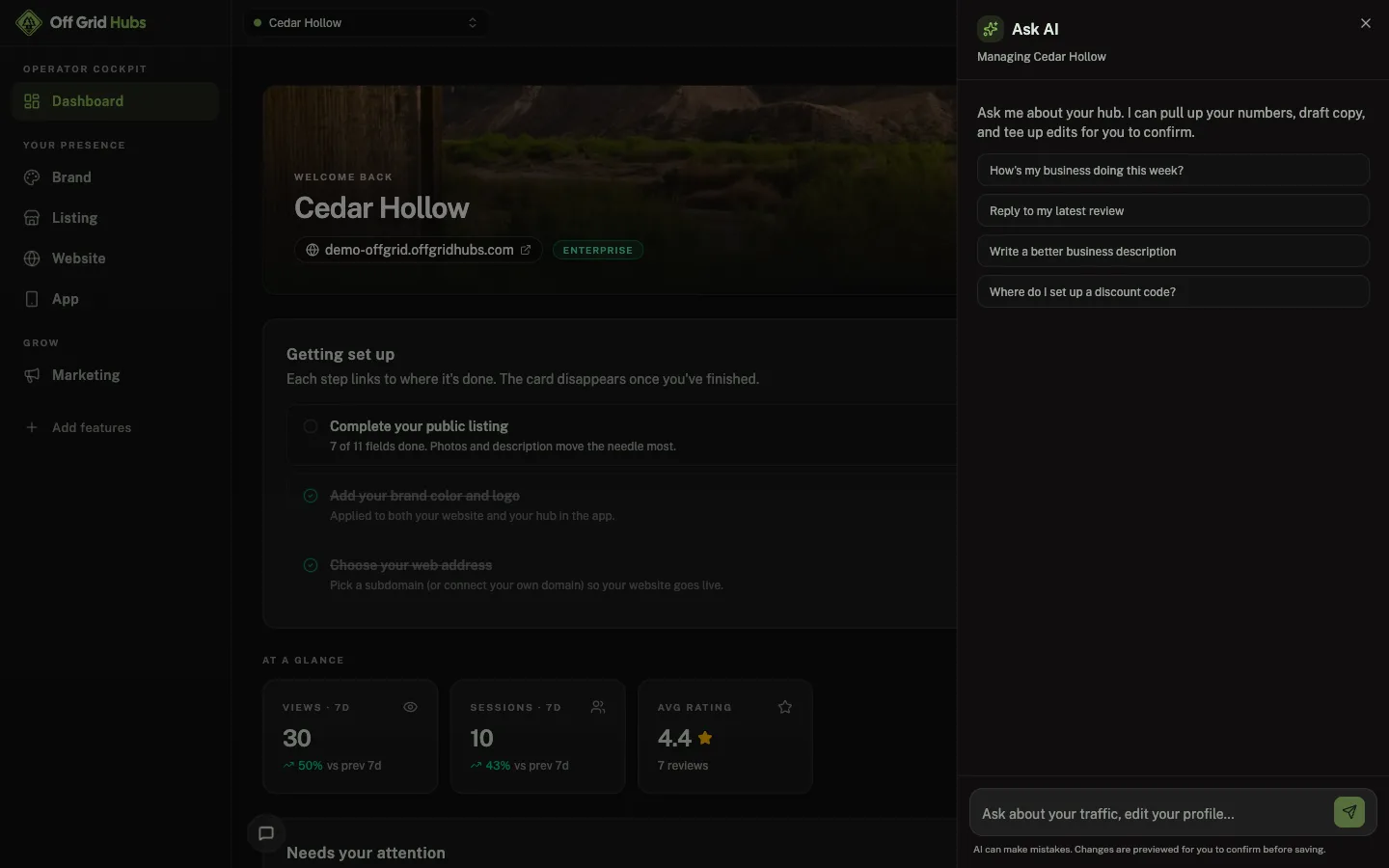 Off Grid Hubs cockpit: AI assistant